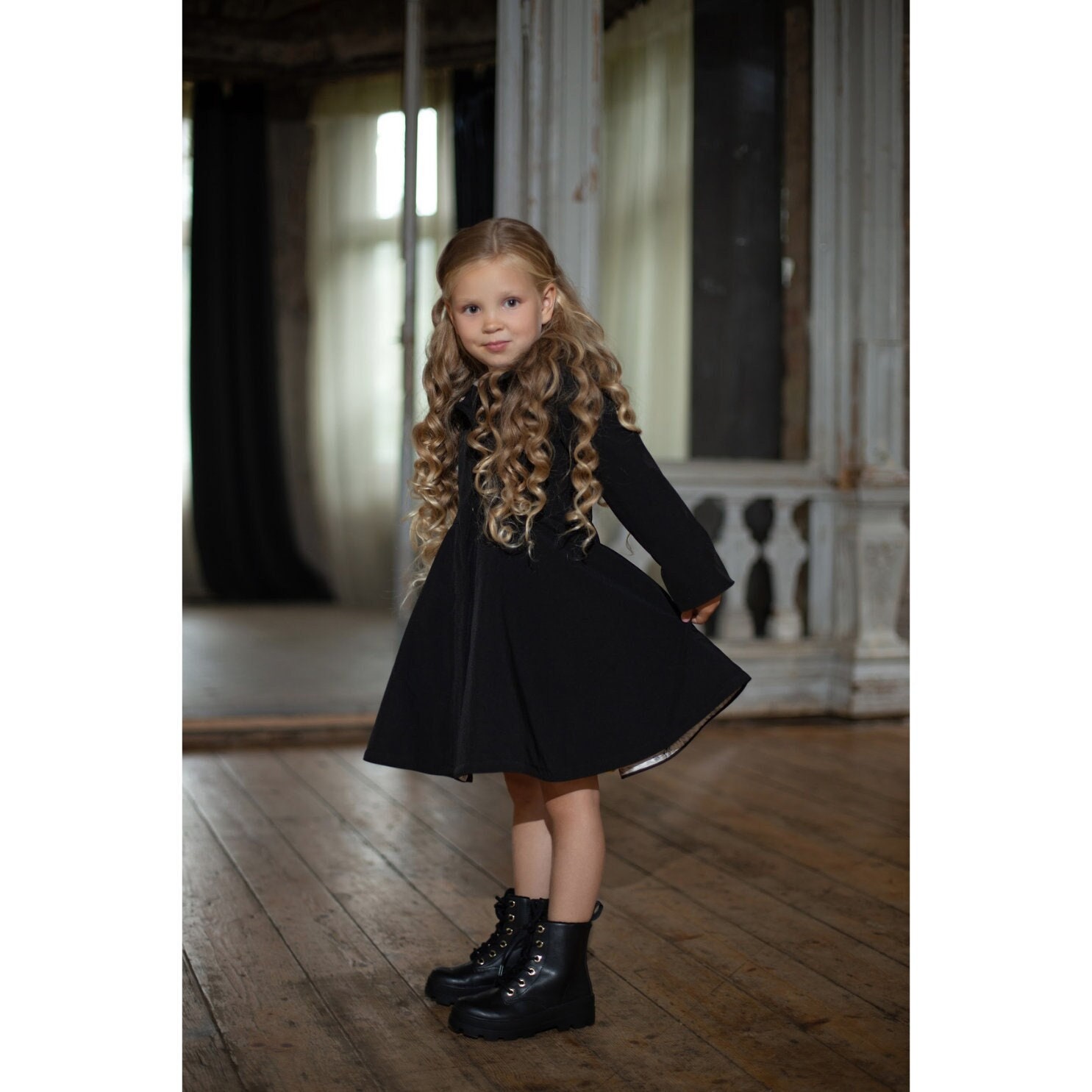 Elegant Solid Black Autumn Coat for Toddler Girl, Waterproof Trench Coat for Girls in Black, Girls Stylish Long Raincoat Queen of Spades
