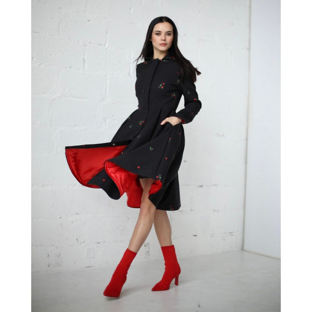 Strawberry Printed Hooded Coat, Black Waterproof Coat With