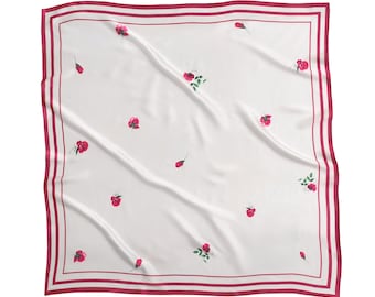 Rote Rose Seidenschal, 100% Naturseide, 90 x 90 cm Größe, Vintage Floral Design Schal, leichtes Luxus Accessoire, Kopftuch, Geschenk für Sie
