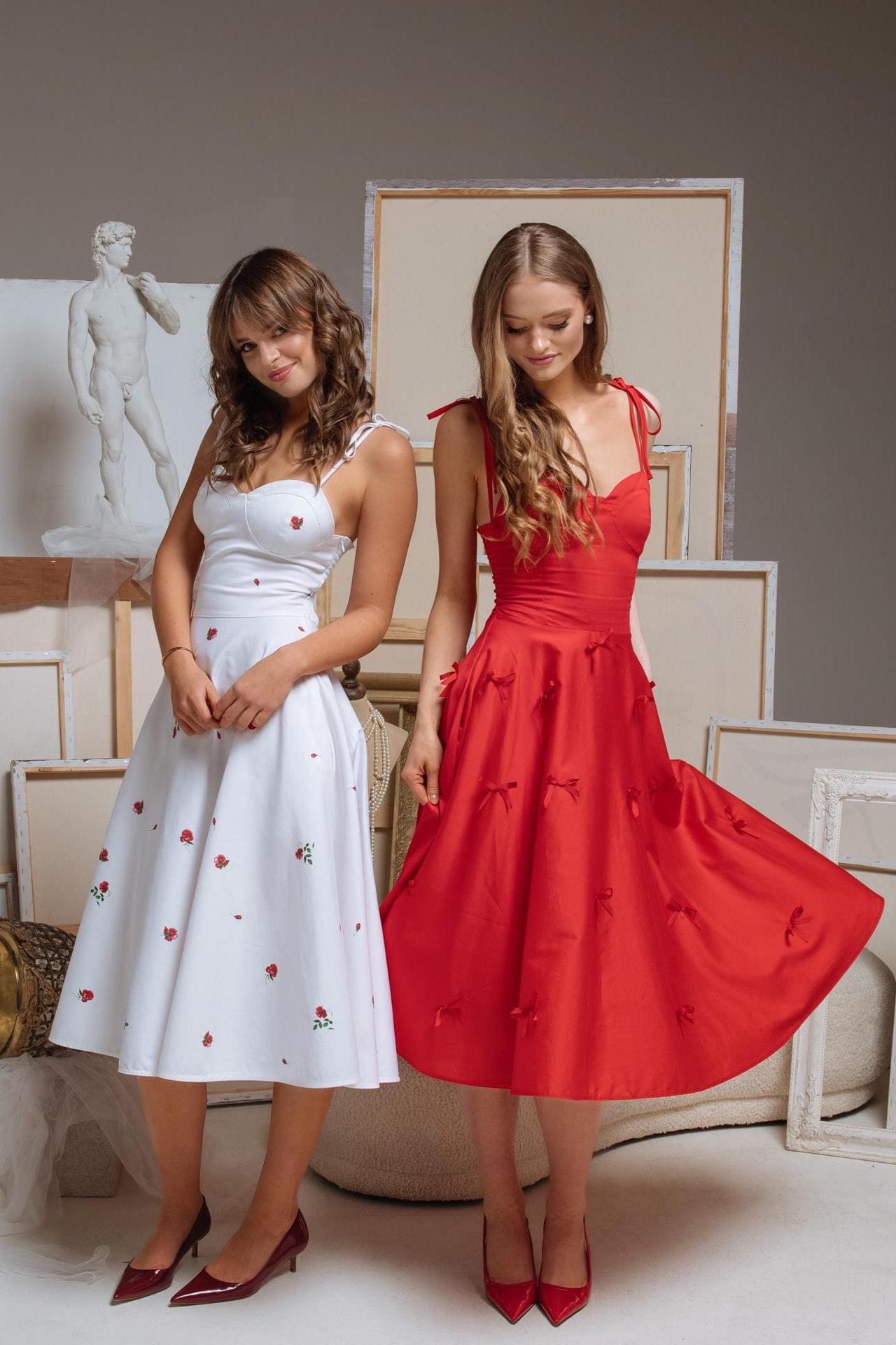 Red Fit and Flare Sundress, Summer Spaghetti Strap Dress 'Little Red Bows', Cute Midi Dress with Playful Bow Details and Hidden Pockets