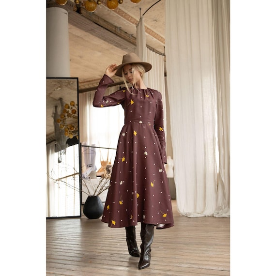 Brown Floral Polka Dot Midi Dress, Vintage Fit and Flare Viscose Satin Dress with Long Sleeves & Pockets, Vintage Flare Floral Casual Dress