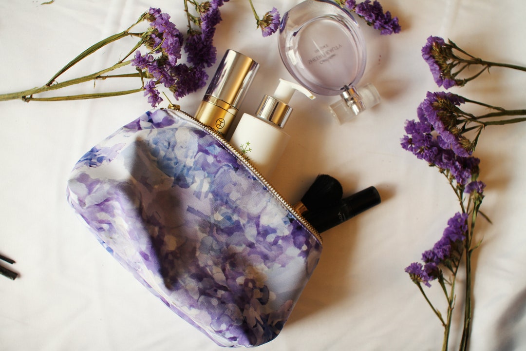 Beautiful Blue Cosmetic Pouch, Handmade Lined Cosmetic Bag With Metallic Zipper, Waterproof