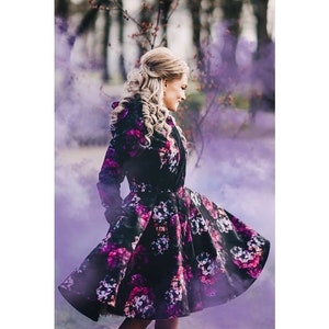 Fabulous hooded windbreaker, long black vintage inspired coat, flare knee length coat, Floral raincoat 'Hortense' image 1