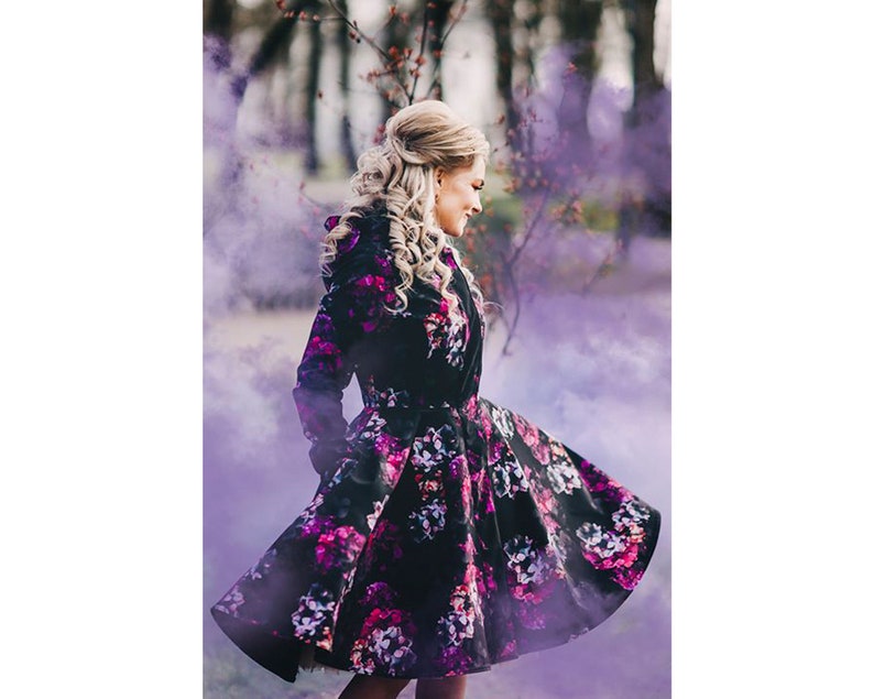 Fabulous hooded windbreaker, long black vintage inspired coat, flare knee length coat, Floral raincoat 'Hortense' image 1