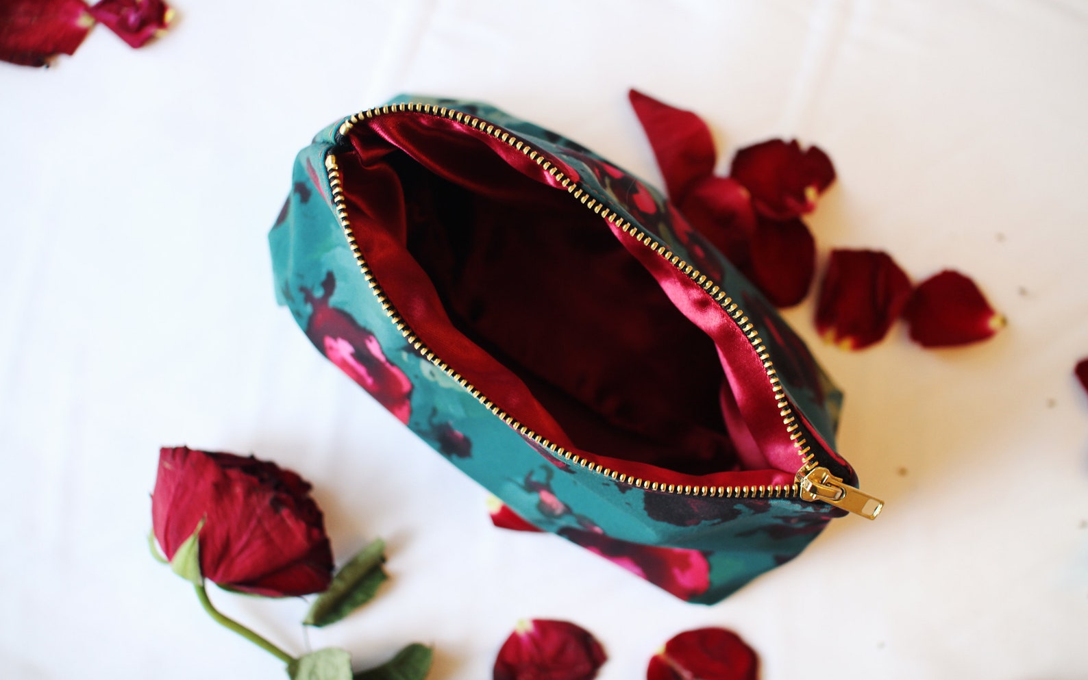 Emerald Green Makeup Bag with Red Floral pattern Dark Red Etsy