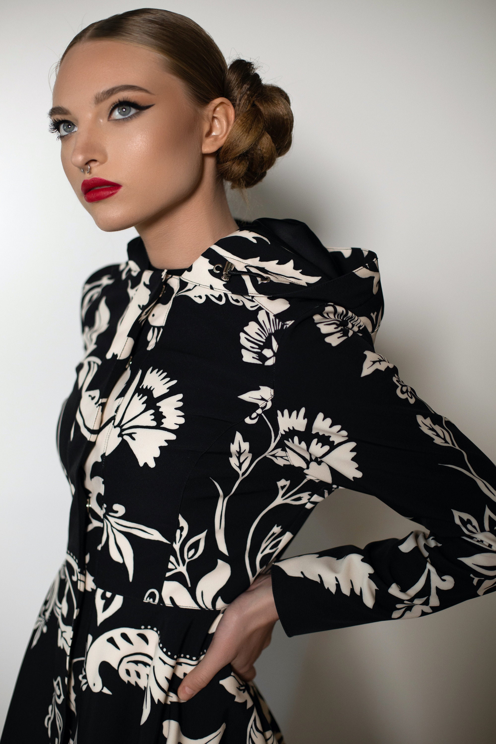 Floral Print Black and White Women's Coat 'blooming Night', Waterproof, With Large Hood and Snap Buttons. Feminine Design, Fit and Flare Cut - Etsy Floral Print Black and White Women's Coat 'blooming Night', Waterproof, With Large Hood and Snap Buttons. Feminine Design, Fit and Flare Cut - Etsy