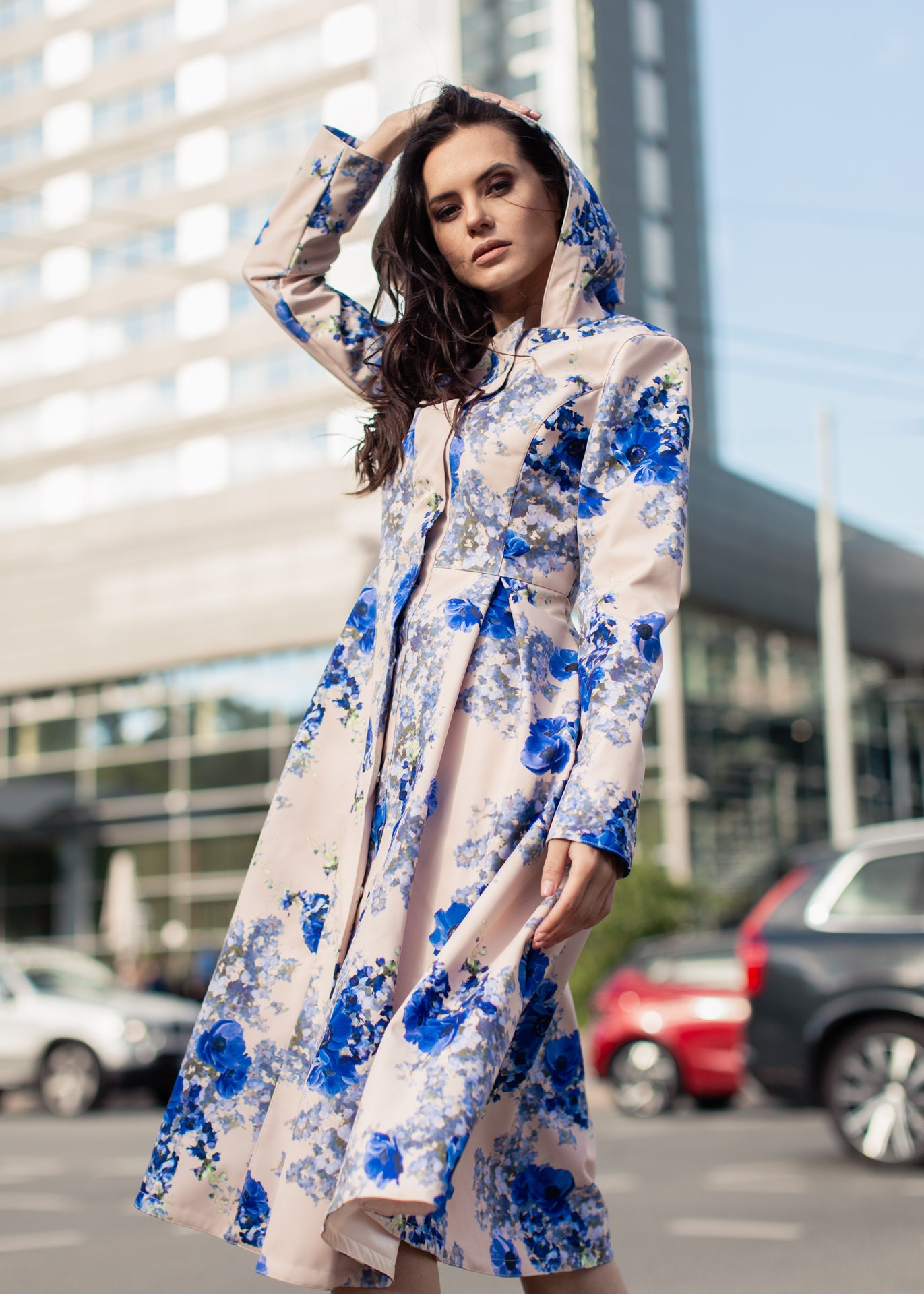 Beige Elongated Women's Hooded Swing Coat With Blue Flowers