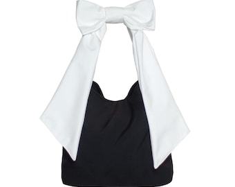 Sac fourre-tout noir clair de lune avec noeud, sac à main noir et blanc élégant, sac à bandoulière élégant, sac à bandoulière chic pour tous les jours, cadeau pour elle, cabas tendance