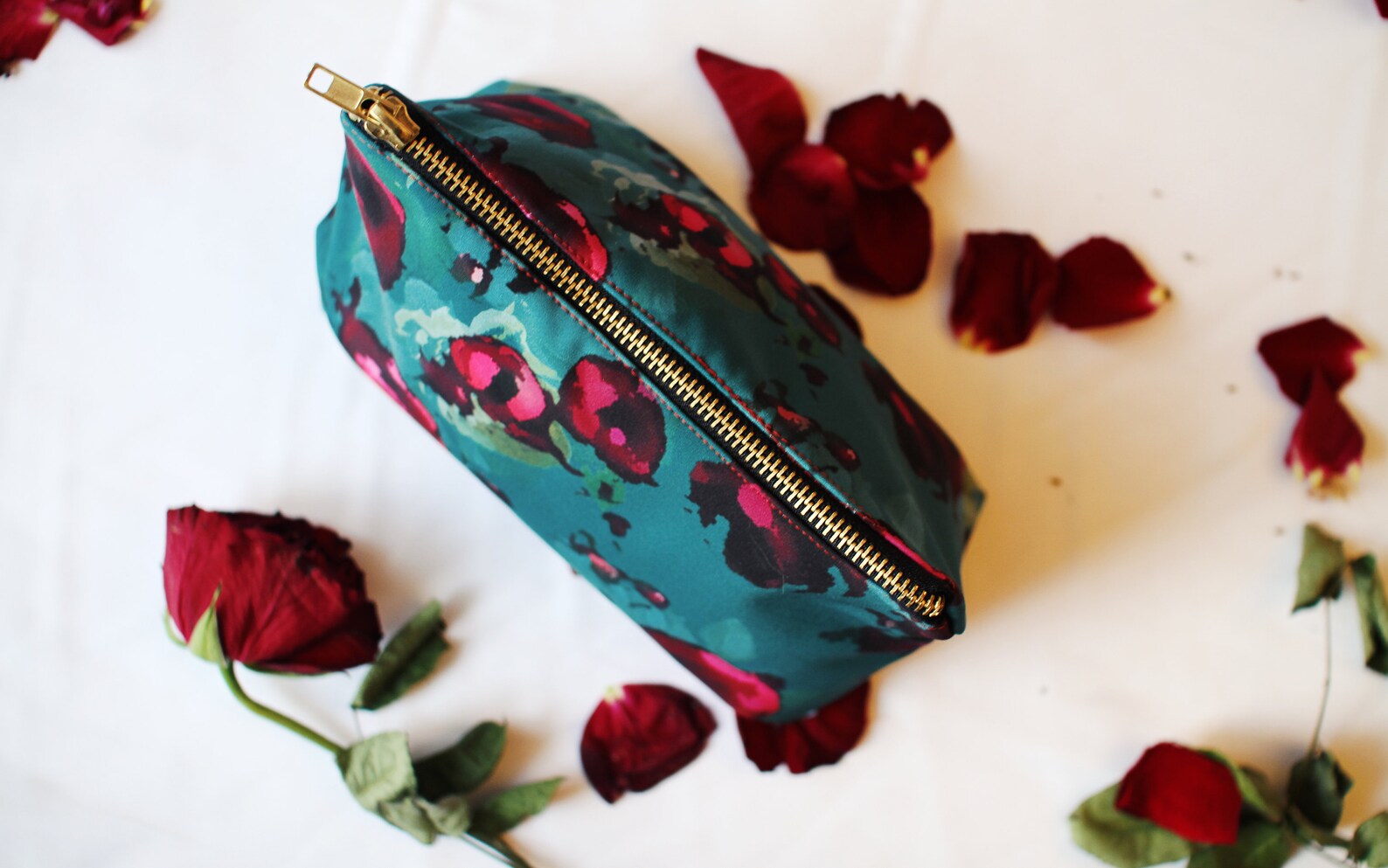 Emerald Green Makeup Bag With Red Floral Pattern Dark Red Etsy