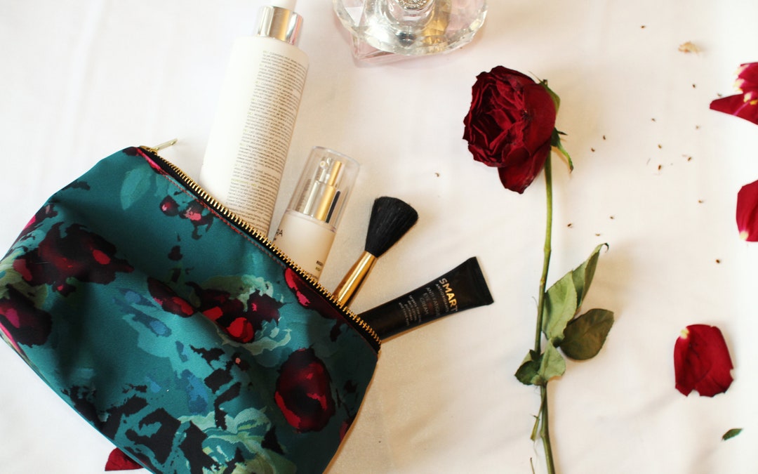 Emerald Green Makeup Bag With Red Floral Pattern Dark Red Etsy