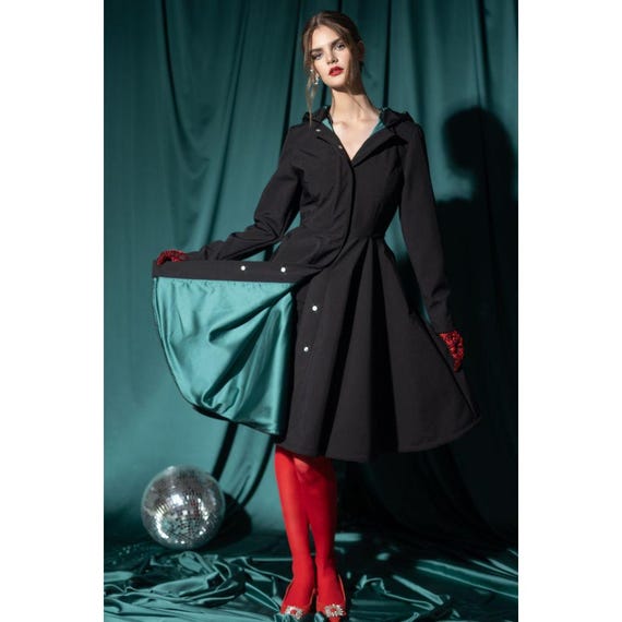 Solid Black Trench Coat, Single-breasted Coat With Emerald