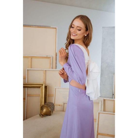 Lilac Grace Straight Dress, Light Purple Summer Dress with Large Lace Bow, Elegant Cottage Dress, Feminine Dress with Backless Open-Back