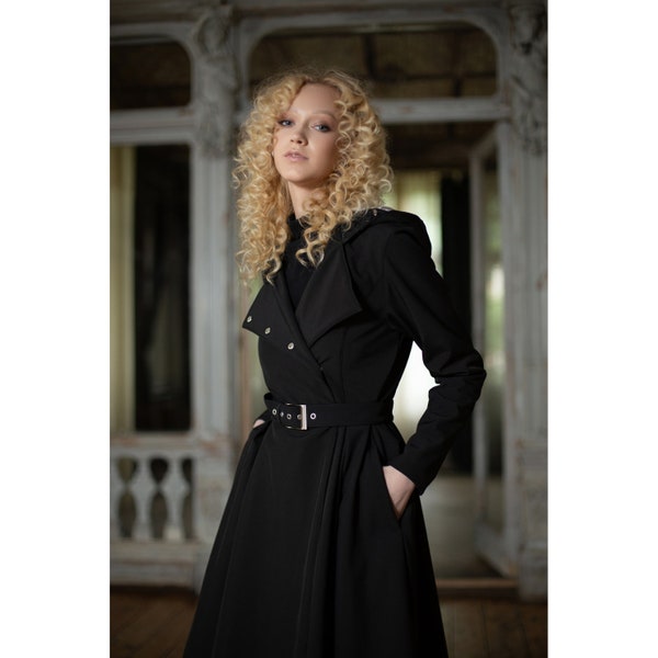 Solid Black, Double Breasted Silhouette Coat with Belt and Light Inner Satin Lining with Romantic Berry Print | Queen of Spades