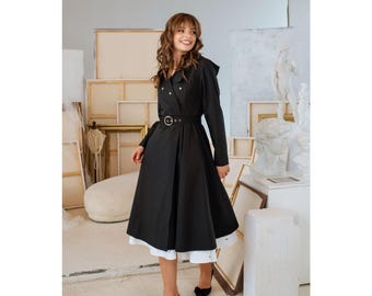 Hooded Solid Black Women's Coat, Waterproof, Windproof, Double-breasted, Vintage-inspired Trench Coat for Autumn, Spring | Timeless Black