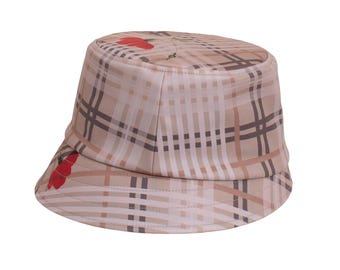 Sombrero tipo cubo Royal Blush, sombrero a cuadros beige con detalles florales rojos, forro de algodón y tejido softshell, sombrero de lluvia femenino de inspiración vintage.