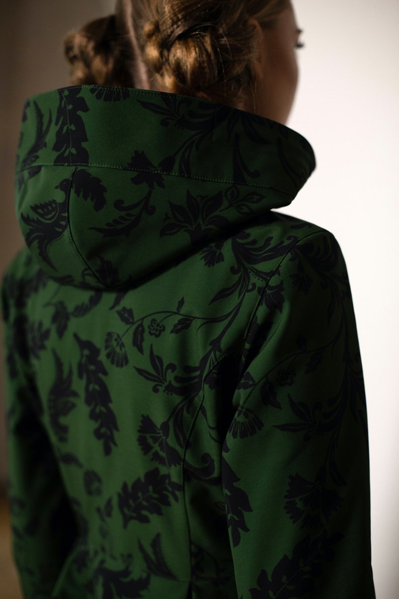 Dark Green Belted Coat With Bold, Graphic Floral Print 'forest Flower ...