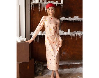 Vestido midi de lunares con estampado floral rosa, romántico vestido de satén de tencel con mangas largas, abertura en la espalda y lazo, vestido rosa suave con flores de melocotón