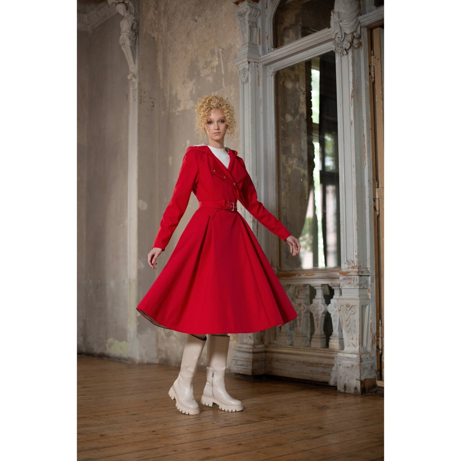 Eye Catching Red Fitted and Flared Woman Design Coat With
