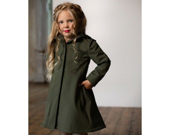 Khaki Green Long Fall Coat, Fitted and Flared Waterproof Coat for Girls, Hooded Khaki Raincoat for Baby Girl | 'Moss Green'