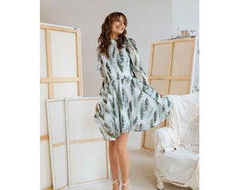White Green Floral Short Dress, Open Back Summer Dress with Bow, Romantic Dress with Pockets, Fit & Flare Cottage Dress 'Lily of the Valley'