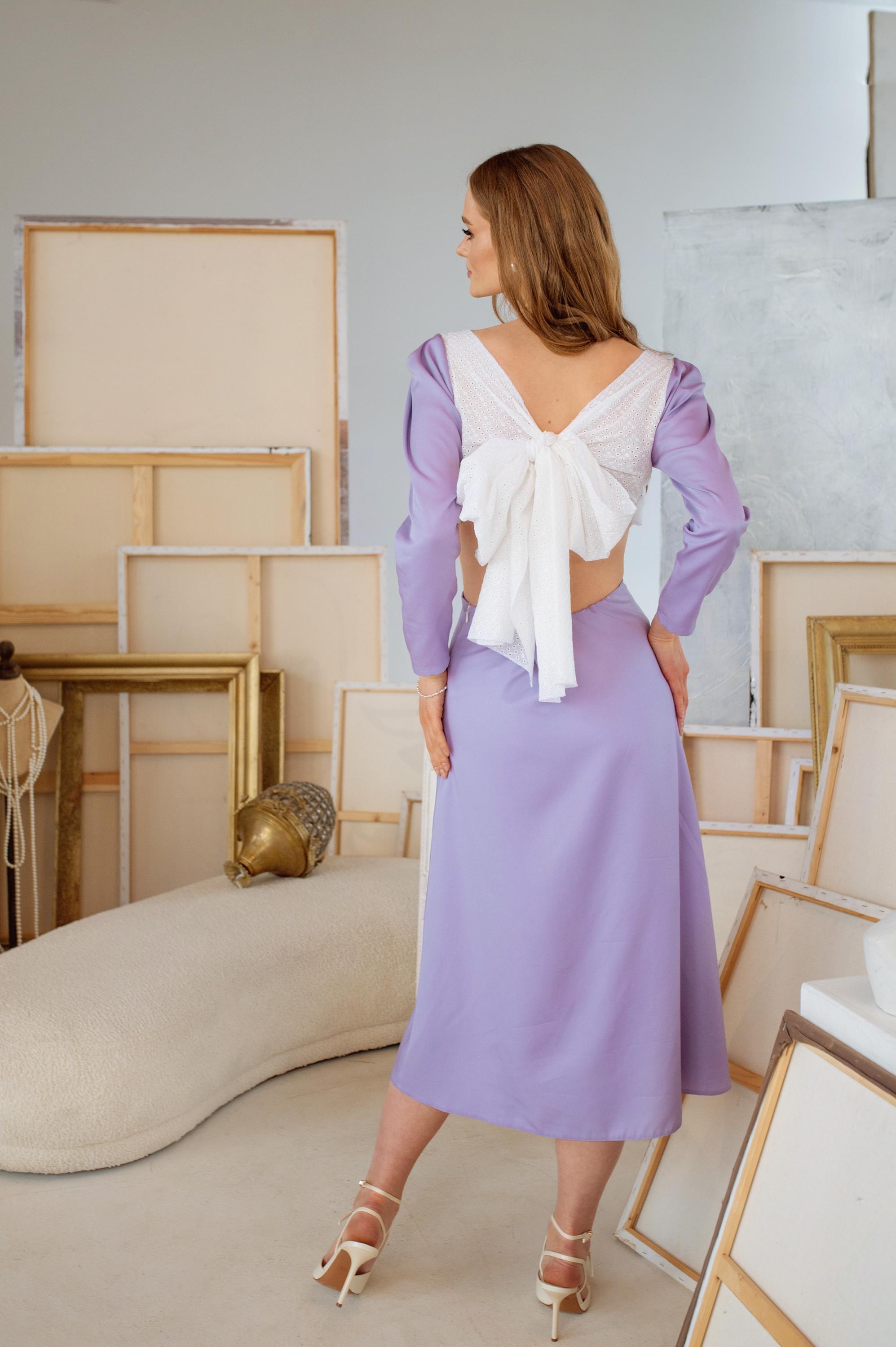 Lilac Grace Straight Dress, Light Purple Summer Dress with Large Lace Bow, Elegant Cottage Dress, Feminine Dress with Backless Open-Back