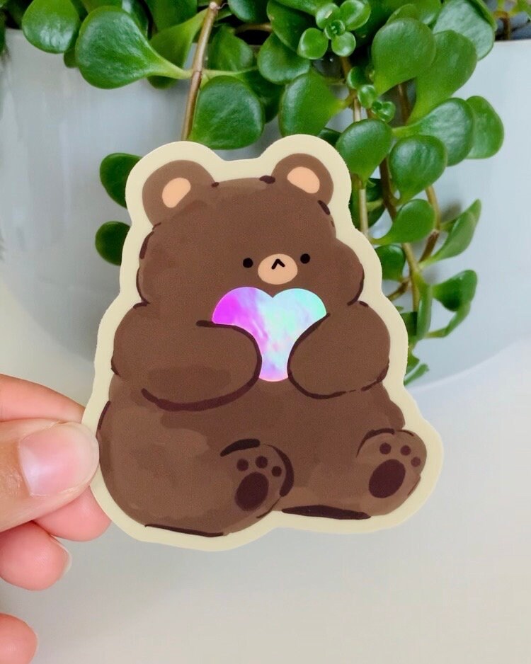 Holographic Heart Bear Vinyl Sticker