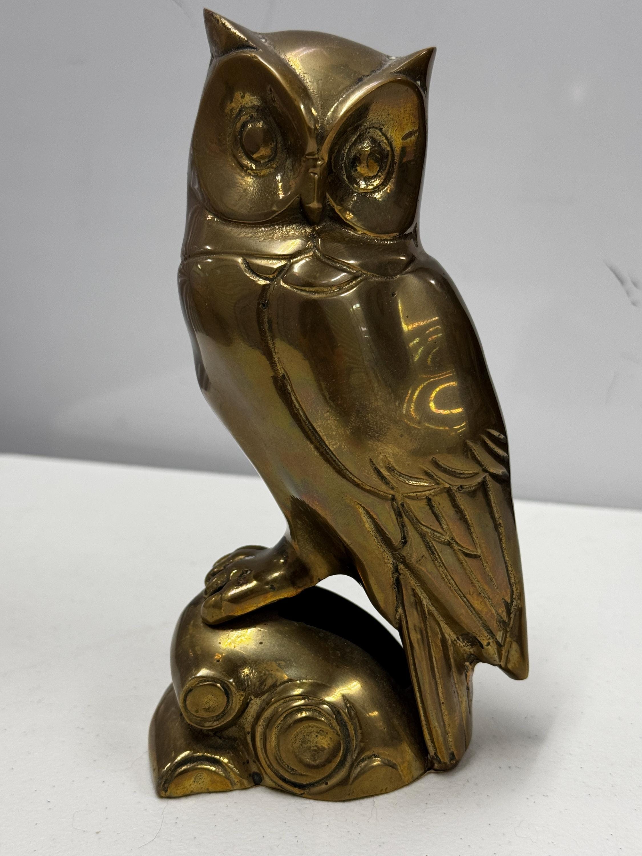 Vintage Brass Owl Statue Figurine: MCM Mid Century Modern Retro 1970s Log Bird