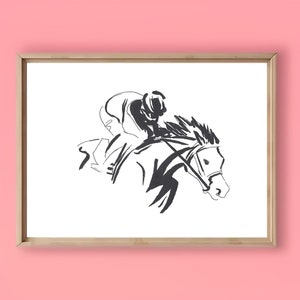 手描きのインク競走馬と騎手アート – ゴールデン ゲート フィールズ記念イラスト – 競馬の記念品 – サラブレッド競馬