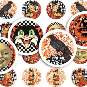 Afdrukbaar collageblad • Vintage Halloween • 88 stuks ≈3/4"/20 mm ronde afbeeldingen • Digitale ephemera • PDF- en JPEG-download