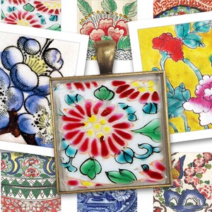 Porseleinen digitaal collageblad • 48 vierkante afbeeldingen van 1"/25 mm • Bloemen en vogels • Afdrukbare ephemera • Hangende ladekunst • PDF- en JPEG-download