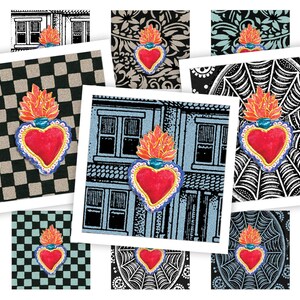 Afdrukbaar collageblad • Brandend hart • 48 stuks vierkante afbeeldingen van 1"/25 mm • PDF- en JPEG-download