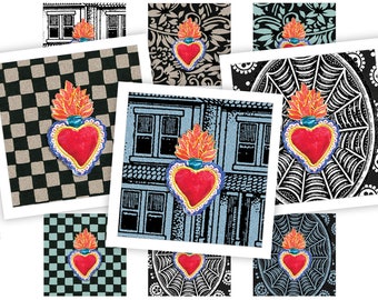 Printable Collage Sheet • Burning Heart • 48 pcs 1"/25mm Square Images • PDF & JPEG Download