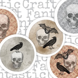 Halloween, Raven, Schedels, Heksen, Zwarte Katten, Afdrukbaar Collageblad, Sieraden Glazen Cabochons maken, 1"/25mm Ronde Afbeeldingen, Ephemera