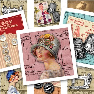 Afdrukbaar collageblad • Naaien en mode • 48 stuks vierkante afbeeldingen van 1"/25 mm • PDF- en JPEG-download