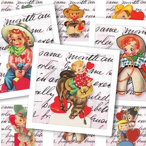 Afdrukbaar collageblad • Western Valentine • 48 stuks vierkante afbeeldingen van 1"/25 mm • Vintage Western • PDF- en JPEG-download