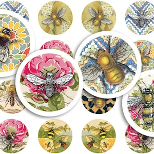 Afdrukbaar collageblad • Bijen en bijenkorven • 88 stuks ronde afbeeldingen van 3/4" of 20 mm • Digitale ephemera • PDF- en JPEG-download