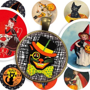 Afdrukbaar collageblad • Vintage Halloween • 48 stuks ronde afbeeldingen van 1"/25 mm • PDF- en JPEG-download