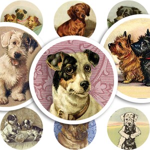 Afdrukbaar collageblad • Vintage honden • 48 stuks ronde afbeeldingen van 1"/25 mm • PDF- en JPEG-download
