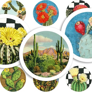 Afdrukbaar collageblad • Woestijncactus • 48 stuks ronde afbeeldingen van 1"/25 mm • Digitale ephemera • PDF- en JPEG-download