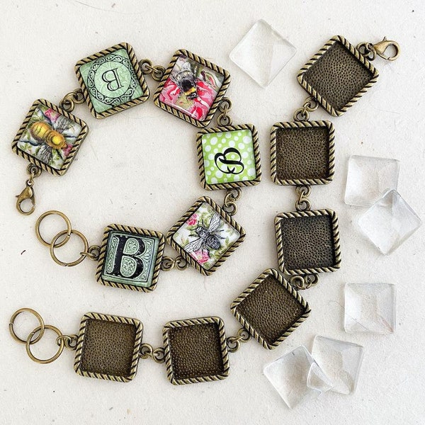 DIY Cabochon Bracelet Kit • Six Design Choices • Antique Brass Finish with Twist Edge