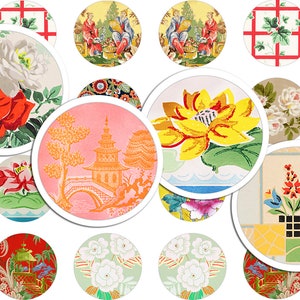 Afdrukbaar collageblad • Retrobehang • 88 stuks ronde afbeeldingen van 3/4" of 20 mm • Digitale ephemera • PDF- en JPEG-download