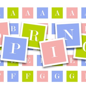 Afdrukbaar collageblad • Pastelalfabet • 168 stuks 12 mm vierkante afbeeldingen • Kleurrijke letters • PDF- en JPEG-download
