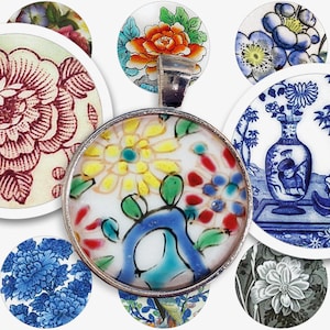 Porseleinen digitaal collageblad • 48 ronde afbeeldingen van 1"/25 mm • Bloemen en vogels • Afdrukbare ephemera • Hangende ladekunst • PDF- en JPEG-download