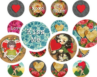 Printable Collage Sheet • Vintage Valentines • 88 pcs 3/4" or 20mm Round Images • Digital Ephemera • PDF & JPEG Download