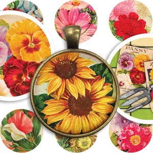 Afdrukbaar collageblad • Tuinbloemen • 48 stuks ronde afbeeldingen van 1"/25 mm • Digitale ephemera • PDF- en JPEG-download