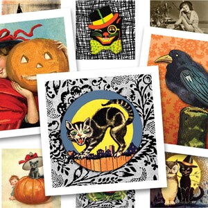 Halloween digitaal collageblad • 48 vierkante 1"/25mm afbeeldingen • Vintage zwarte kat • Afdrukbare ephemera • Hangende ladekunst • PDF- en JPEG-download