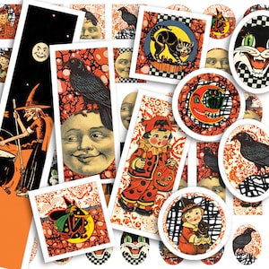 Afdrukbaar collageblad • Vintage Halloween • 178 stuks kleine vierkante, ronde, ovale en rechthoekige afbeeldingen • Digitale ephemera • PDF- en JPEG-download