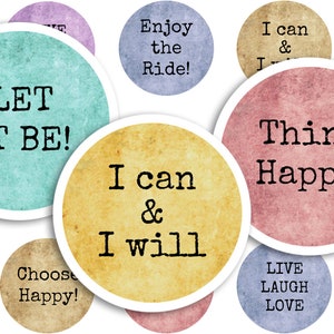 Afdrukbaar collageblad • Inspirerende zin • 48 stuks ronde afbeeldingen van 1"/25 mm • Aanmoediging • PDF- en JPEG-download