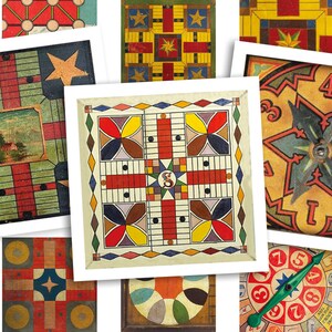 Afdrukbaar collageblad • Vintage bordspellen • 48 stuks vierkante afbeeldingen van 1"/25 mm • Digitale ephemera • PDF- en JPEG-download