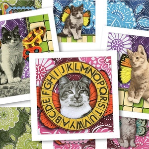Afdrukbaar collageblad • Kitty Wings • 48 stuks vierkante afbeeldingen van 1"/25 mm • PDF- en JPEG-download